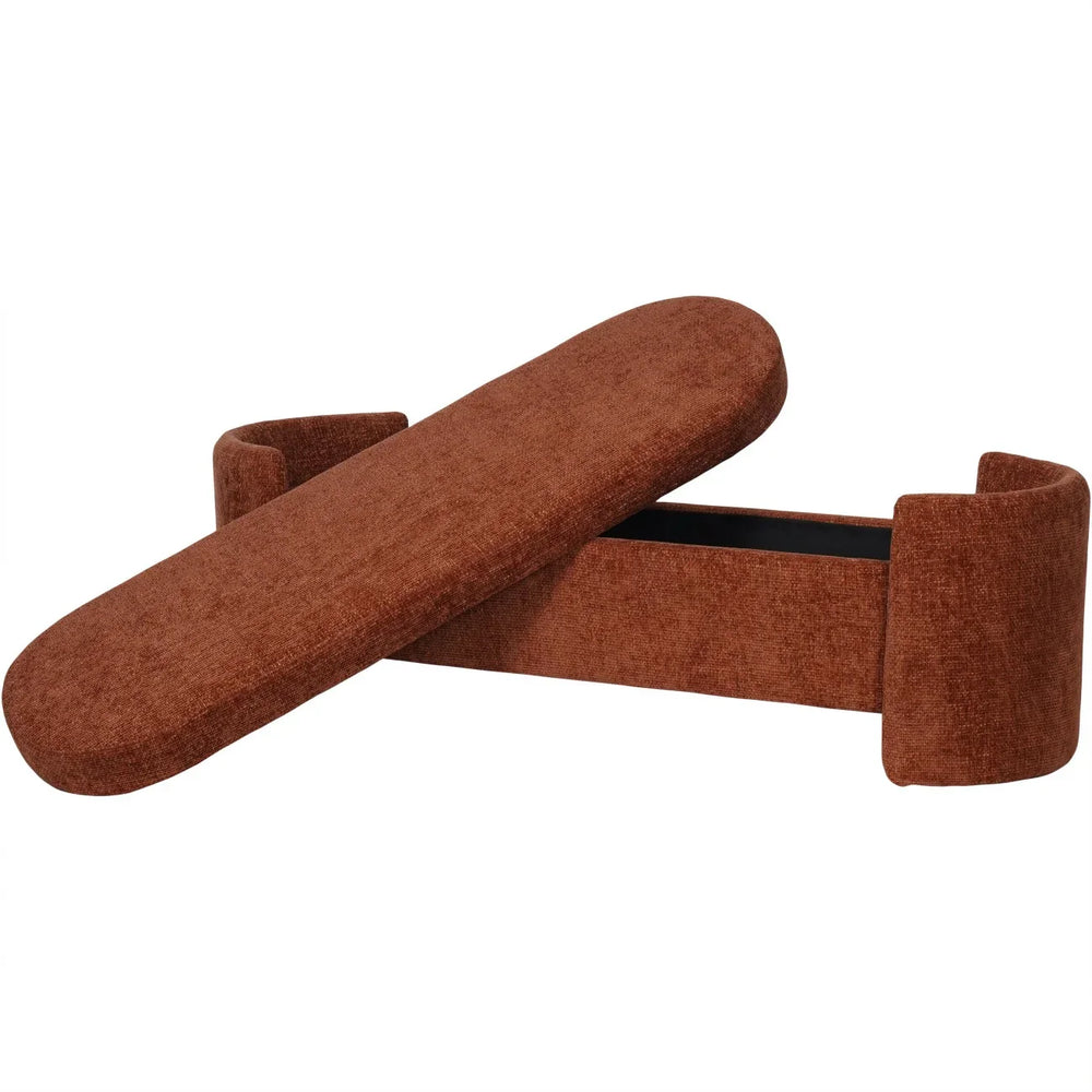 Terracotta fabric bench with open lid revealing storage space.