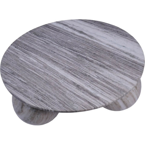 Round grey marble table with subtle veining on spherical legs