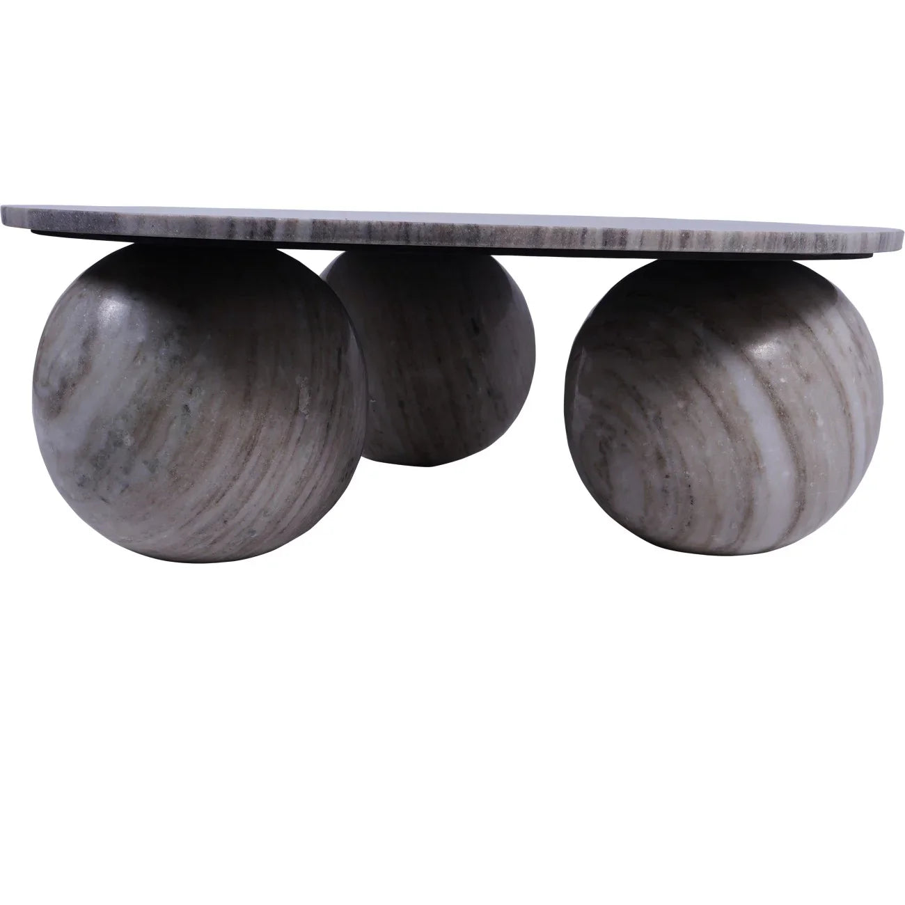 Marble coffee table with spherical stone legs and smooth top.