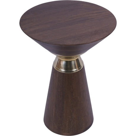 Dark wooden side table with a conical base and brass accent.