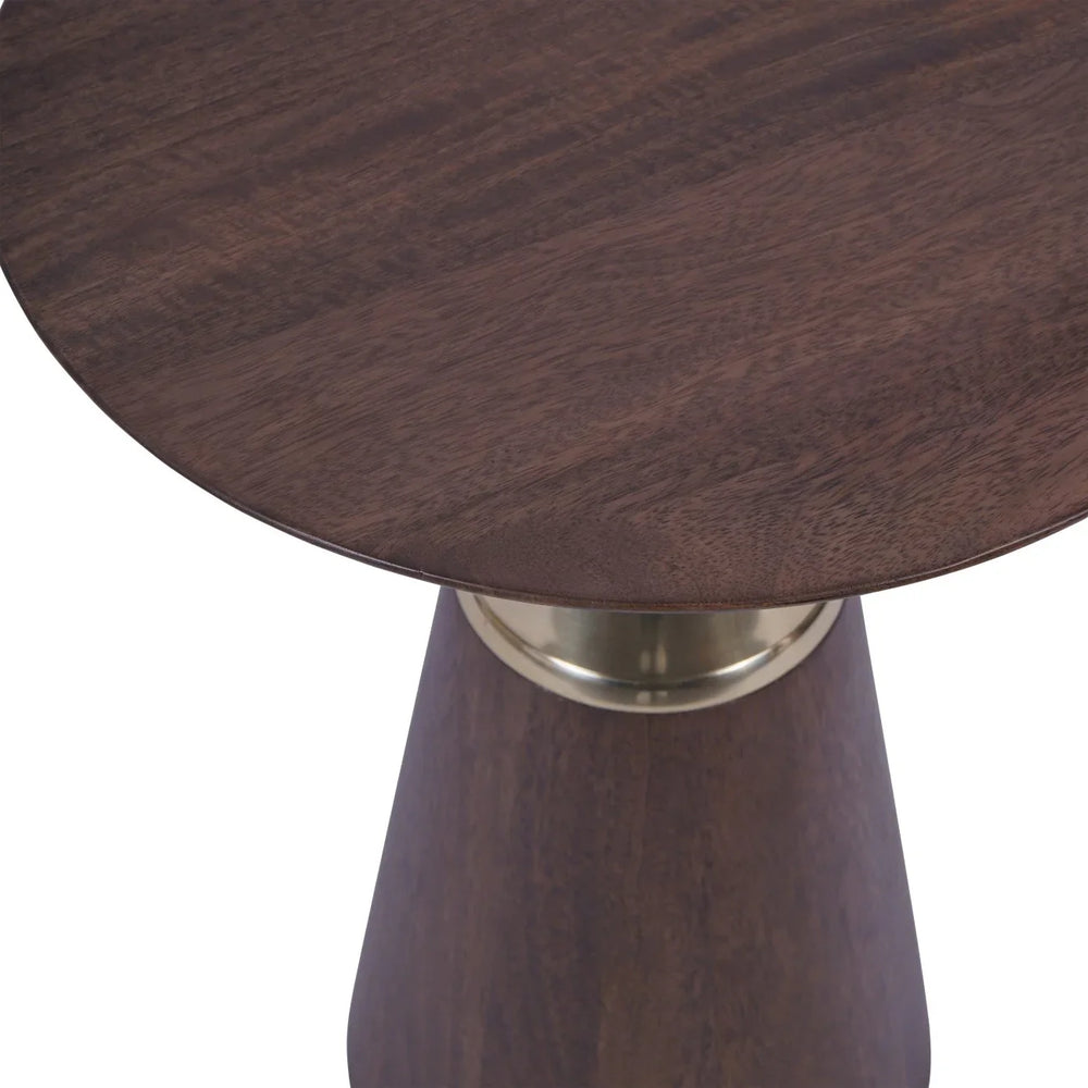 Dark wood side table with round top and brass accent on tapered base.
