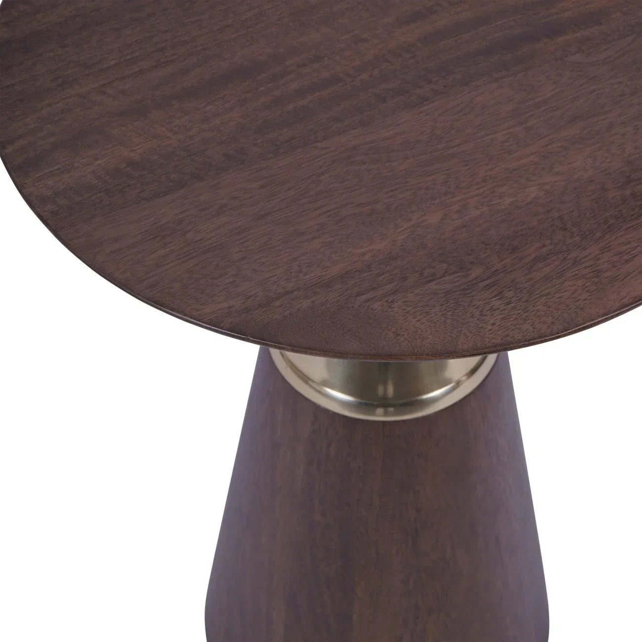 Dark wood side table with round top and brass accent on tapered base.