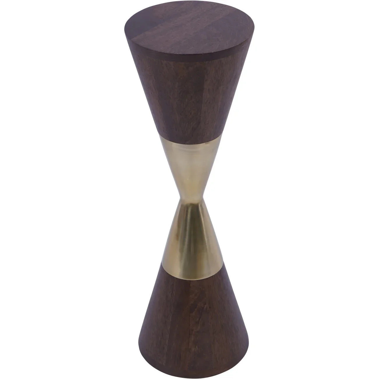 Dark wood and brass hourglass-shaped table with smooth finish.
