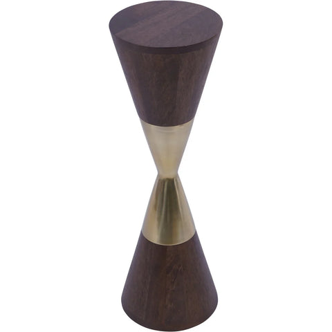 Dark wood and brass hourglass-shaped table with smooth finish.