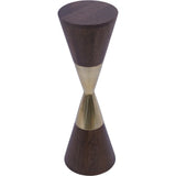 Dark wood and brass hourglass-shaped table with smooth finish.