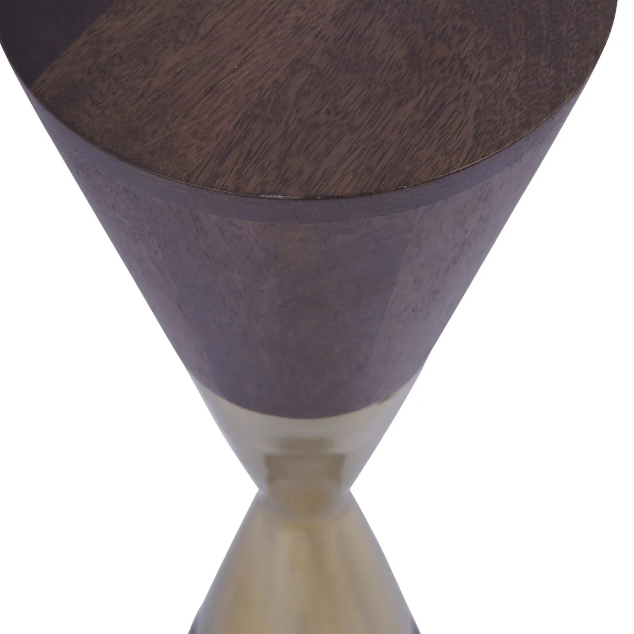 Dark wood table top with tapered brass base detail.