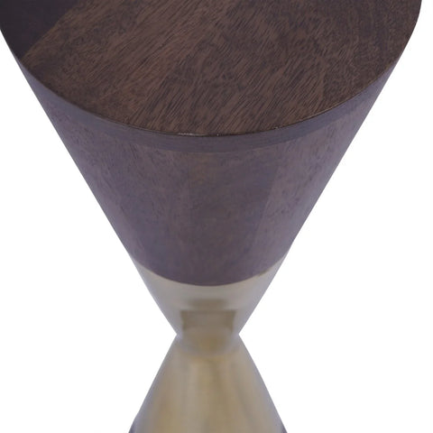 Dark wood table top with tapered brass base detail.