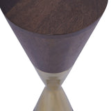 Dark wood table top with tapered brass base detail.