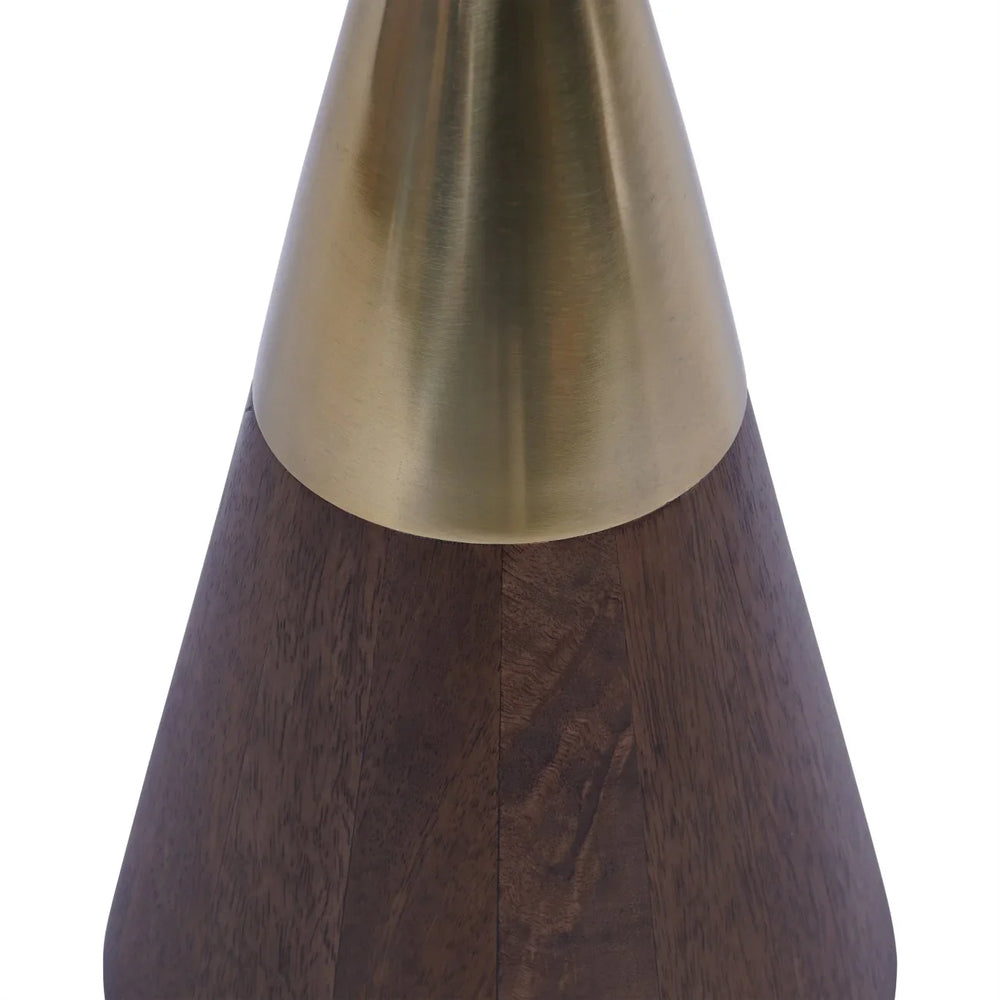 Brass and wood table base with smooth, conical design.