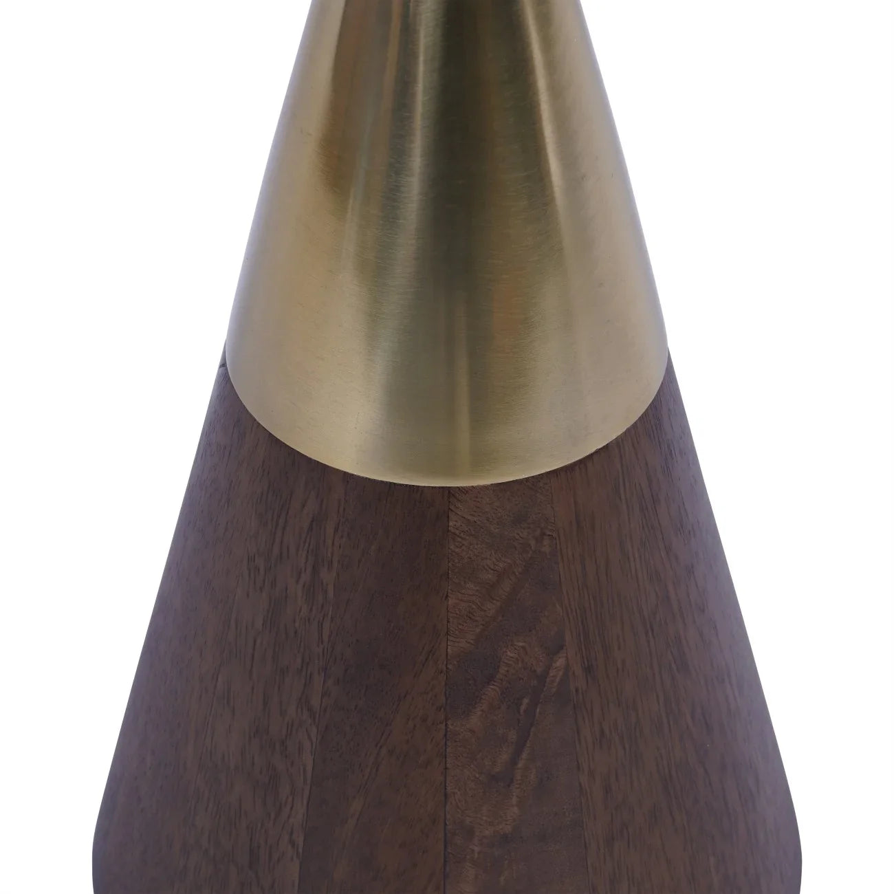 Brass and wood table base with smooth, conical design.