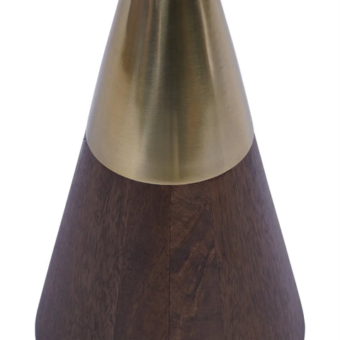 Brass and wood table base with smooth, conical design.