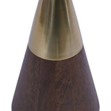 Brass and wood table base with smooth, conical design.