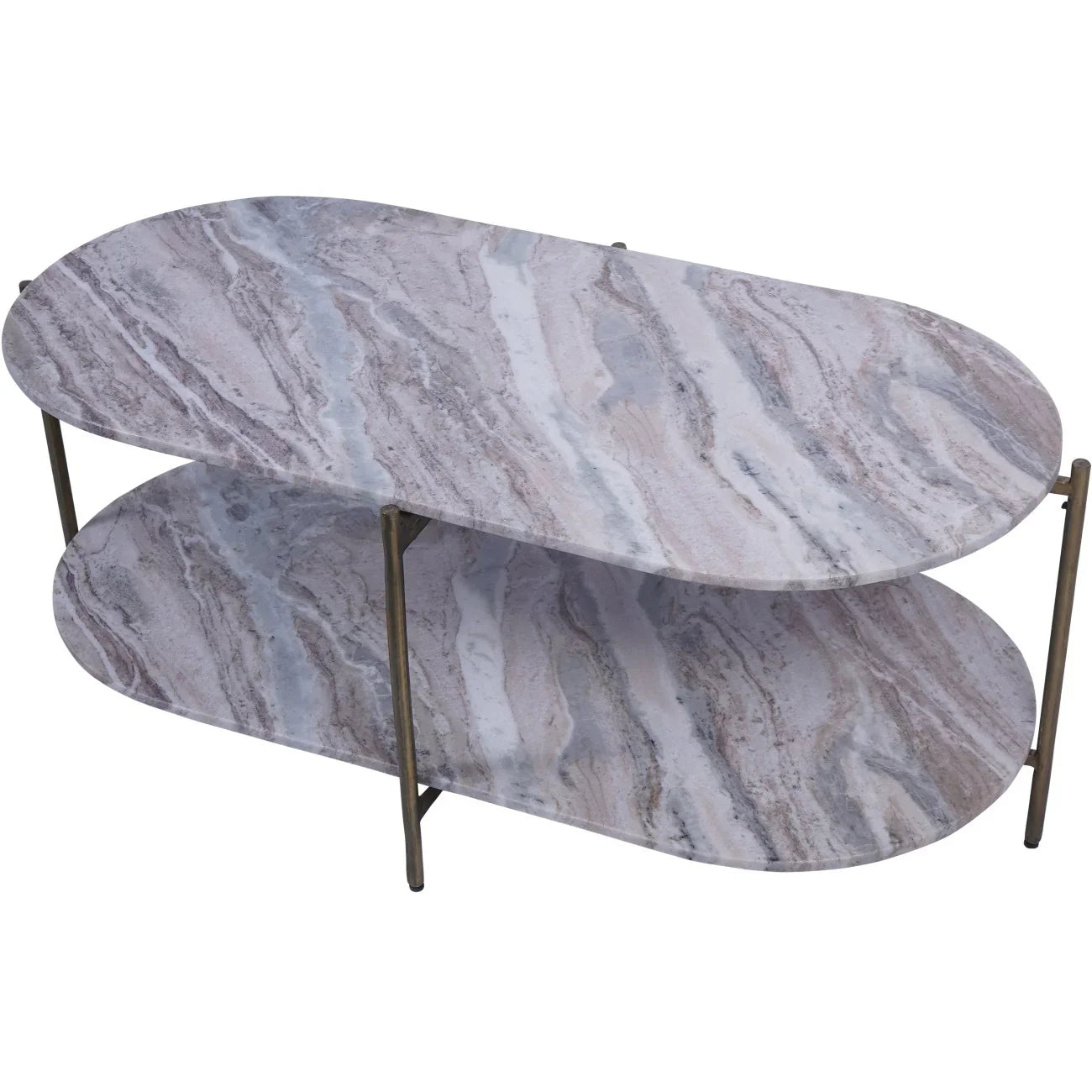 Oval marble coffee table with layered design and brass legs.