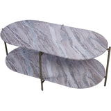Oval marble coffee table with layered design and brass legs.