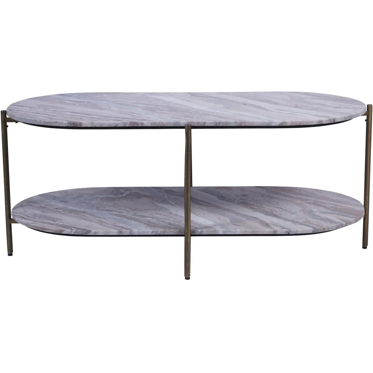Oval marble coffee table with brass legs and two-tier design.