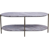 Oval marble coffee table with brass legs and two-tier design.