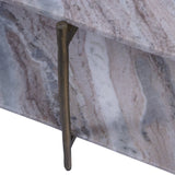 Marble coffee table showing veined texture and bronze leg detail.