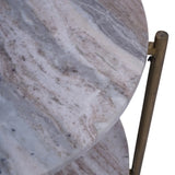 Close-up of round marble tabletop with natural veining and brass support.