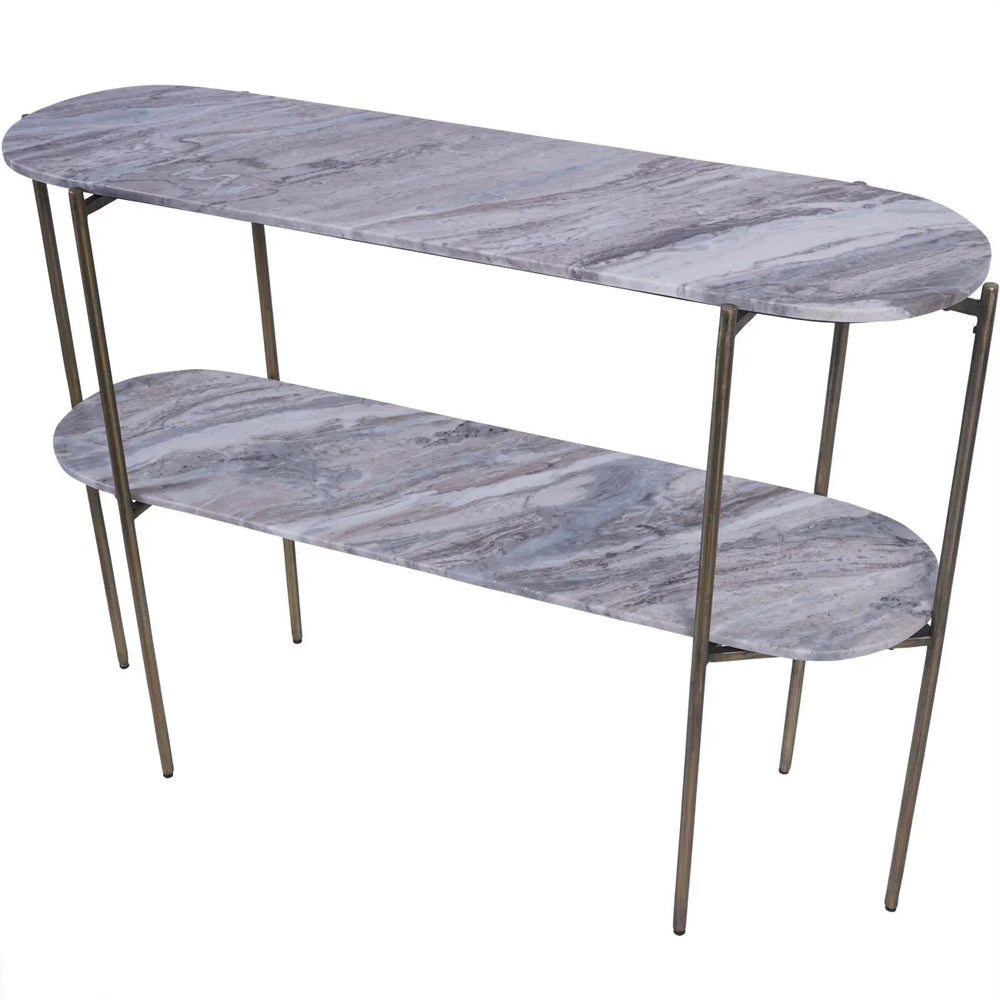 Two-tier console table with grey marble surfaces and slender metal legs.