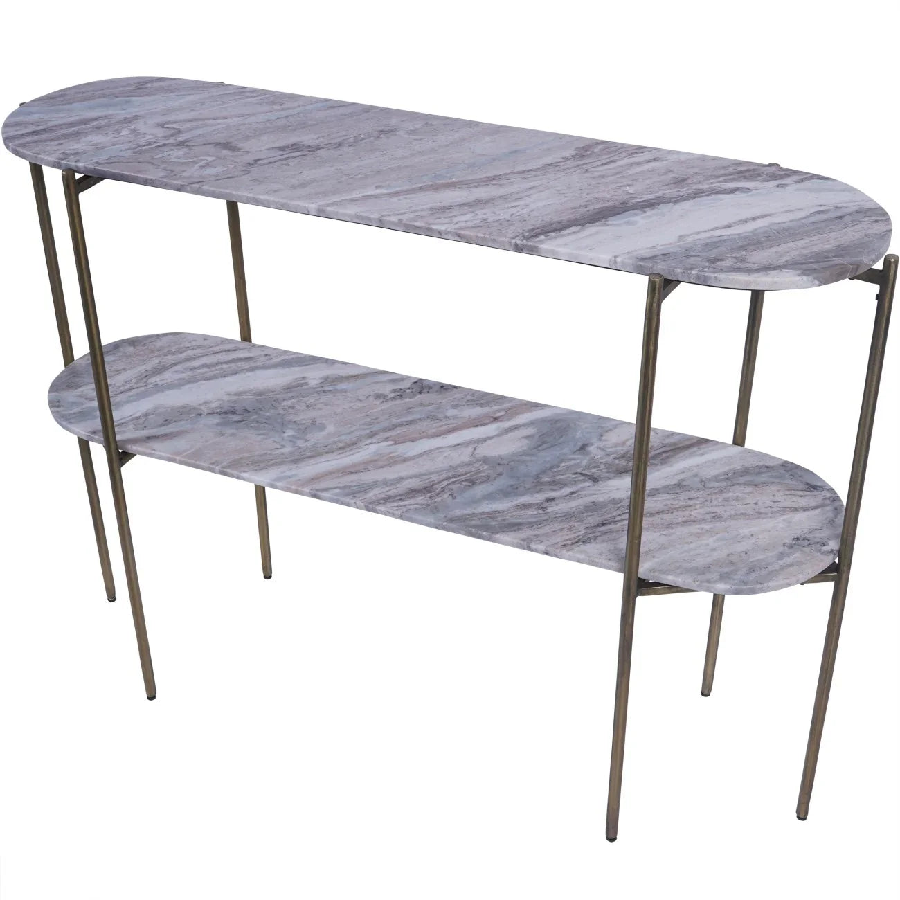 Two-tier console table with grey marble surfaces and slender metal legs.