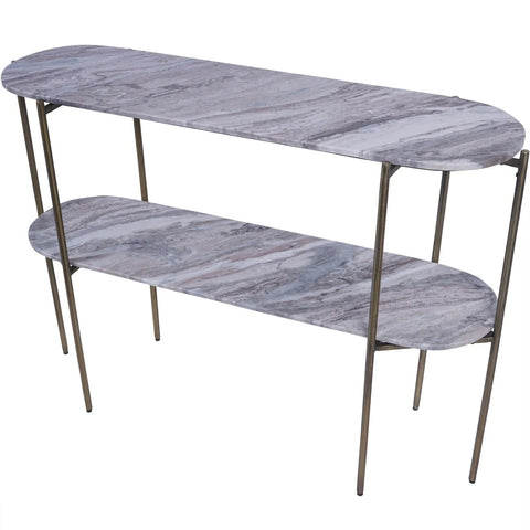 Two-tier console table with grey marble surfaces and slender metal legs.