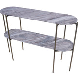 Two-tier console table with grey marble surfaces and slender metal legs.