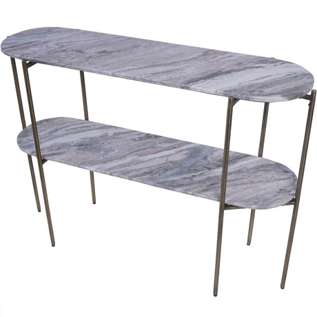 Two-tier console table with grey marble surfaces and slender metal legs.