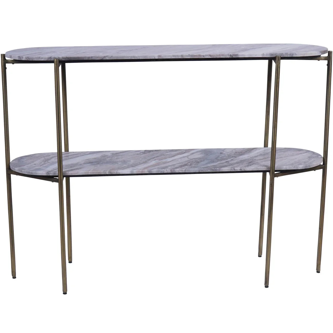 Two-tier console table with marble surfaces and slim metal legs.