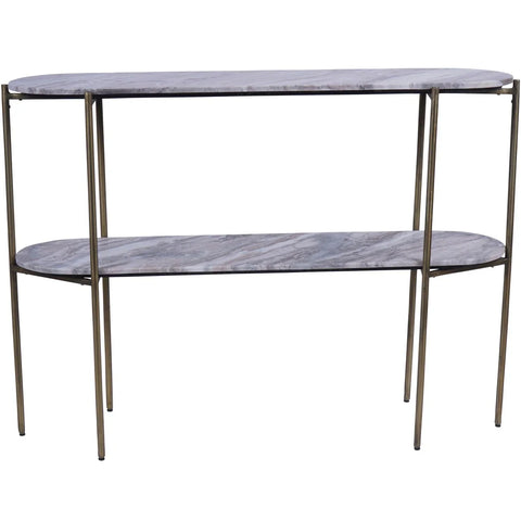 Two-tier console table with marble surfaces and slim metal legs.