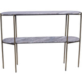 Two-tier console table with marble surfaces and slim metal legs.