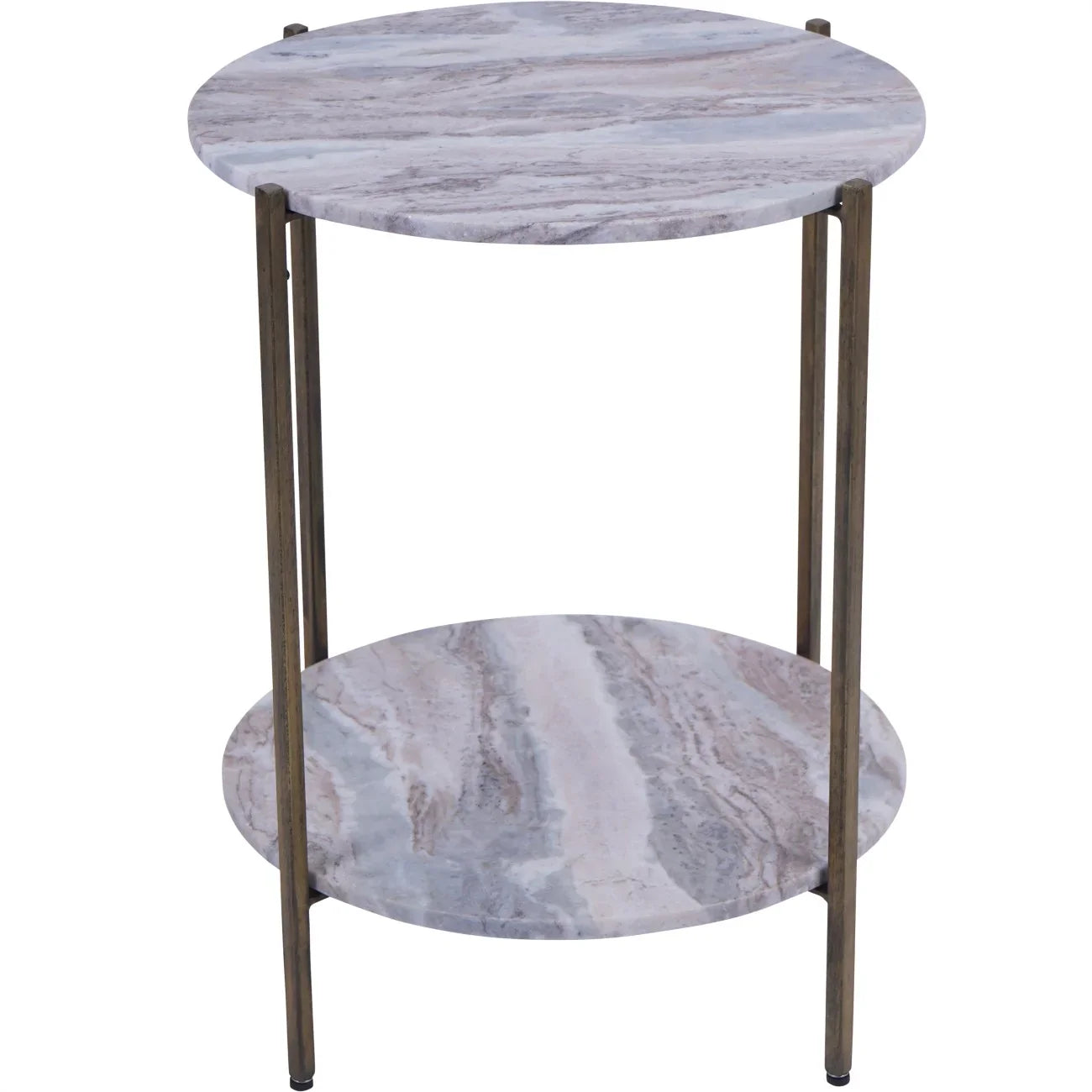 Round marble-patterned side table with dual shelves and brass legs.