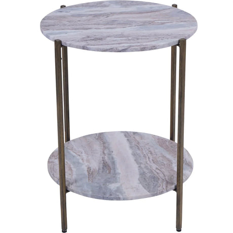 Round marble-patterned side table with dual shelves and brass legs.