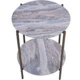 Marble-patterned round side table with dual-tier design and metal legs.