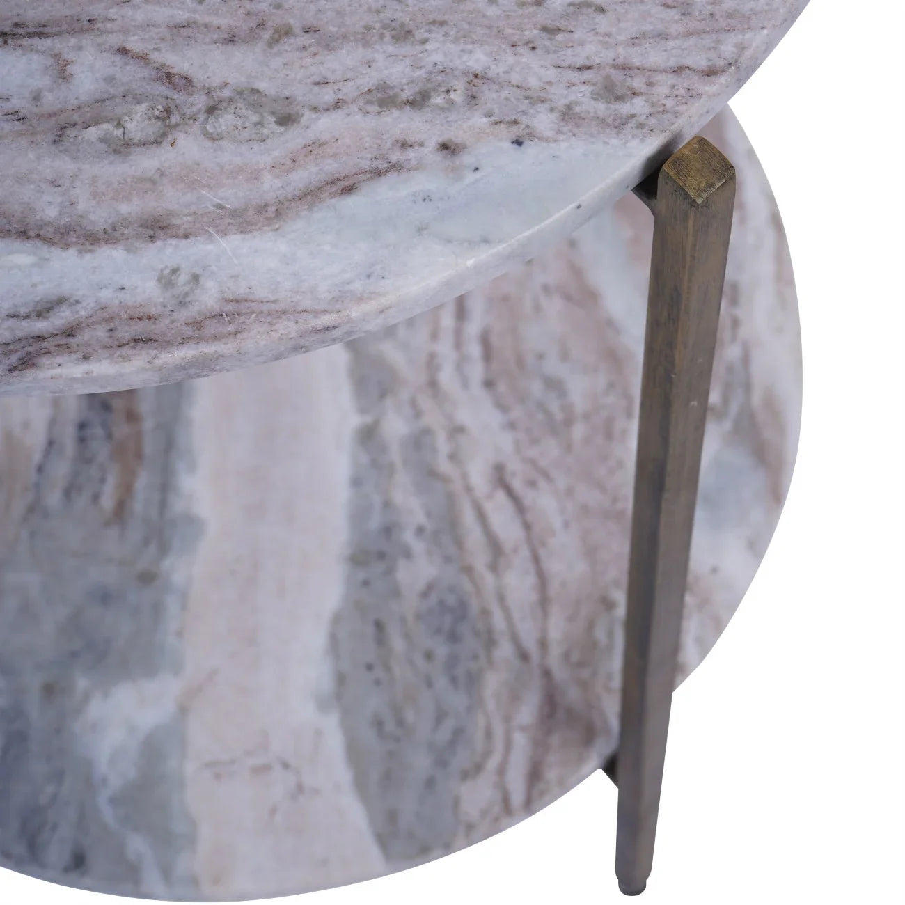 Marble side table with metal leg detail and textured surface.