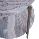 Marble side table with metal leg detail and textured surface.