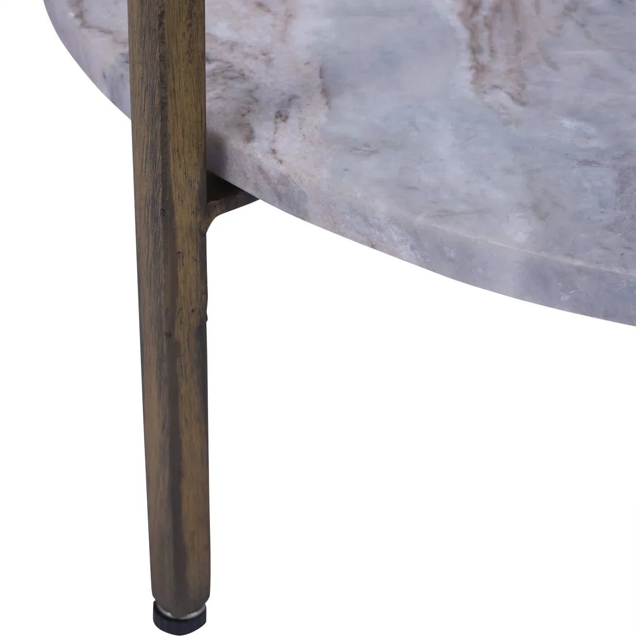 Marble tabletop with wooden leg detail, showcasing natural textures.