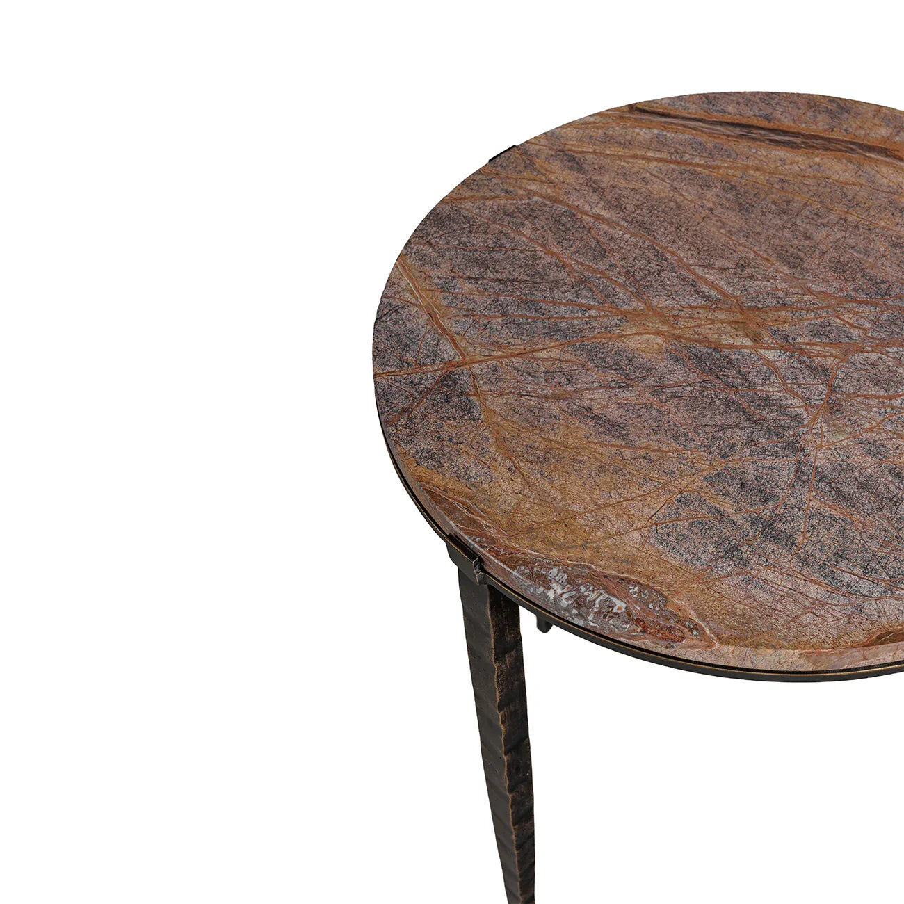 Brown marble side table with intricate veining on round top.