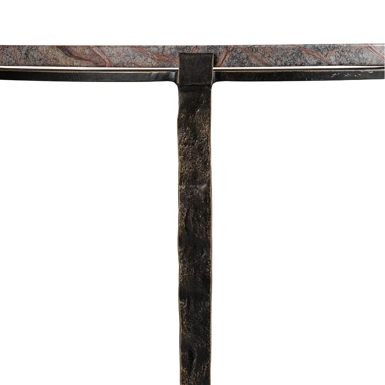 Brown marble tabletop with textured metal leg detail.