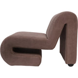 Mid brown corduroy chair with a unique curved design.