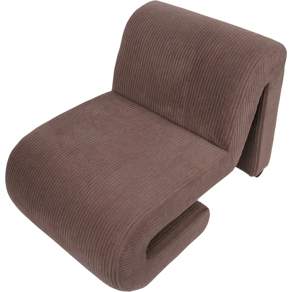 Mid brown corduroy chair with curved modern design.