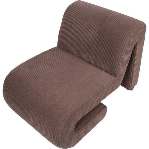 Mid brown corduroy chair with curved modern design.