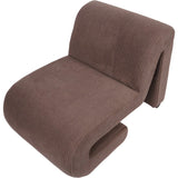Mid brown corduroy chair with curved modern design.