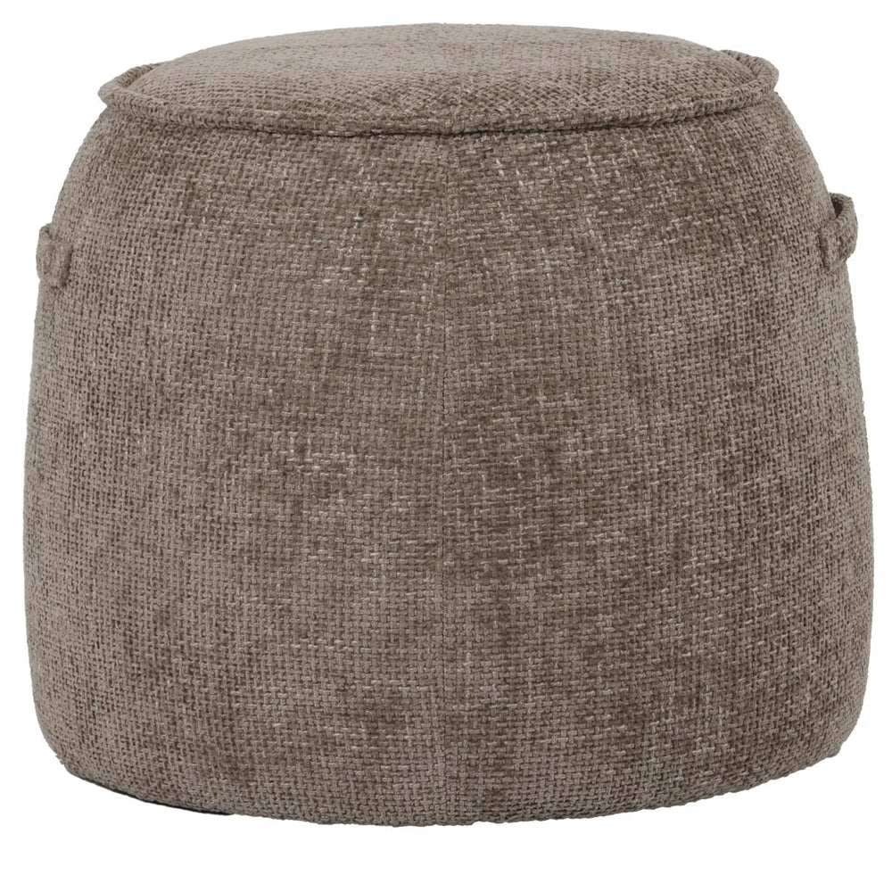 Brown textured stool with a woven fabric surface.