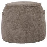 Brown textured stool with a woven fabric surface.
