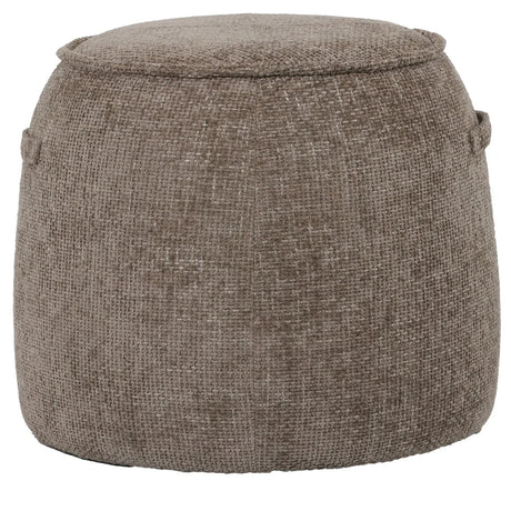 Brown textured stool with a woven fabric surface.