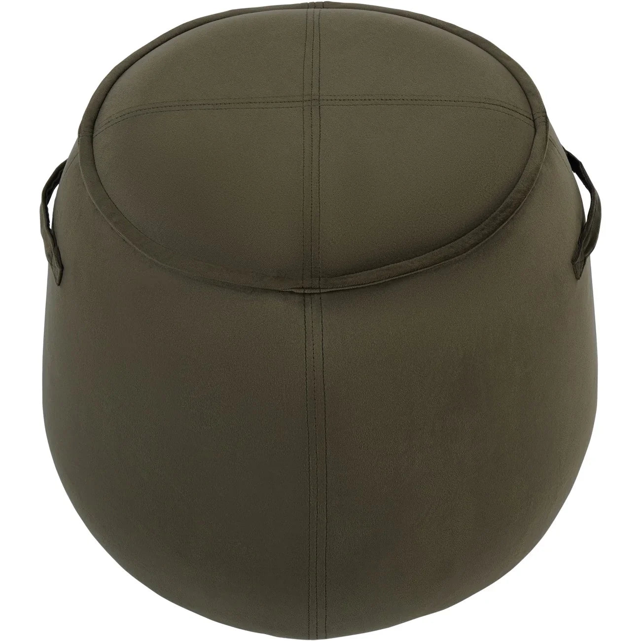 Dark green velvet stool with stitched detailing and side handles.