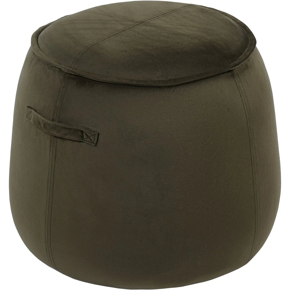 Green velvet stool with a rounded shape and side handle detail.