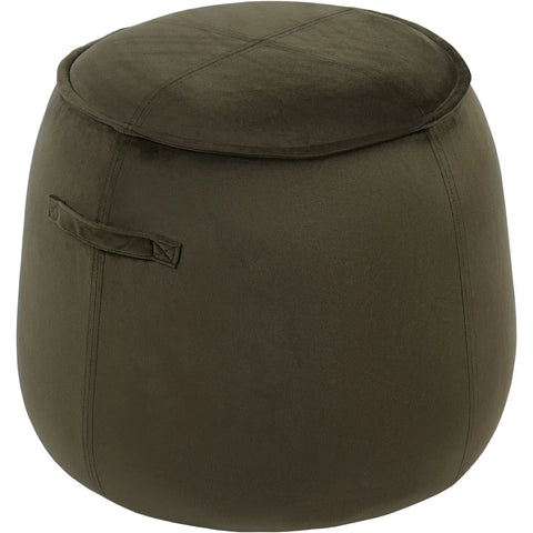 Green velvet stool with a rounded shape and side handle detail.