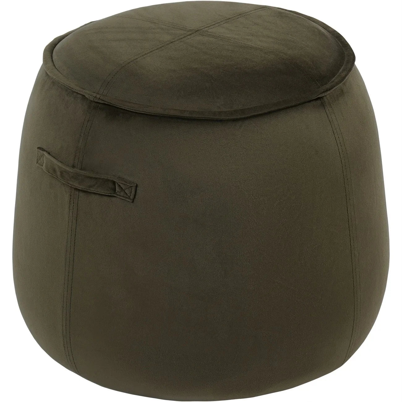 Green velvet stool with a rounded shape and side handle detail.