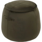 Green velvet stool with a rounded shape and side handle detail.